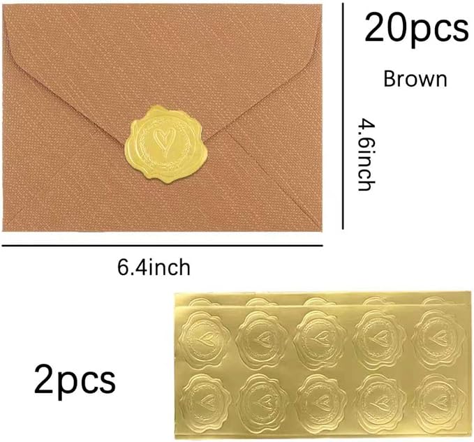 20 Pack 4x6 Brown Linen Envelopes with Gold Wax Seals - Handmade Look A6 Vintage Envelopes & Self-Adhesive Seal Stickers for Greeting Cards, love letter, Wedding, Party Invitation