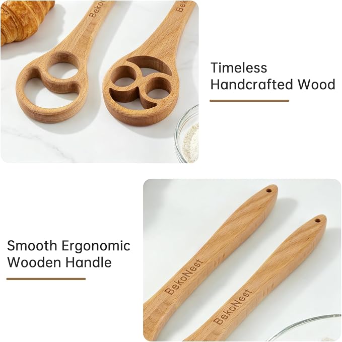 Danish Dough Whisk, 2 Pack Wooden Sourdough Bread Whisk, Seamless One-Piece Premium Beech Wood Dutch Dough Whisk for Sourdough Bread, Pizza Crust, Pastry, Pasta, Easy to Clean & Store