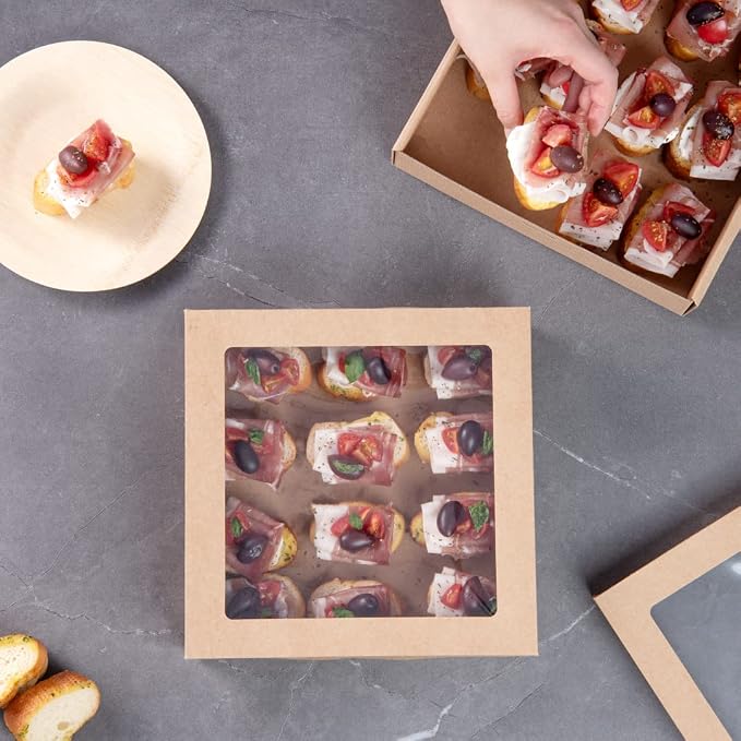 Restaurantware Cater Tek 9 x 9 x 2.4 Inch Catering Boxes 100 Insert Tab Lock Baked Goods Boxes - Window Lids Easy Assembly Kraft Paper Window Pastry Boxes For Charcuterie Or Cupcakes