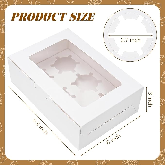 NPLUX 6 Pack Cupcake Boxes with Inserts 6 Holders, White Standard Bakery Boxes with Window Food Grade Cupcake Containers 6 Count for Muffins