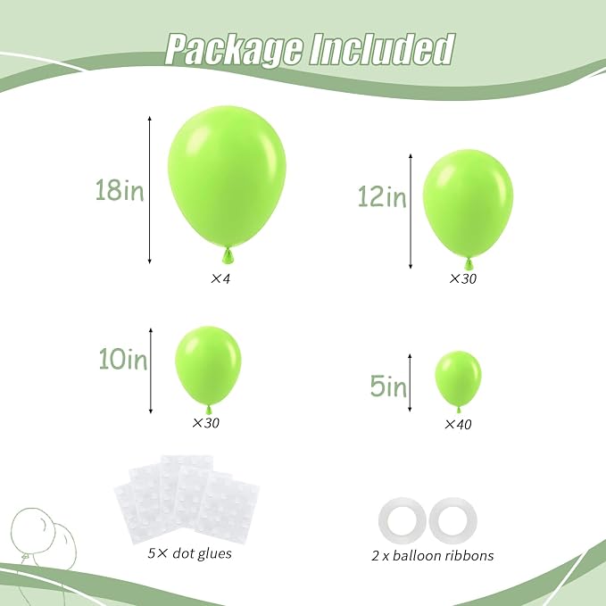 104pcs Lime Green Balloons Different Sizes Pack -18/12/10/5 Inch Bright Neon Green Balloon Garland Arch for Baby Shower, Gender Reveal, Christmas, Dinosaur Jungle Theme Birthday Party
