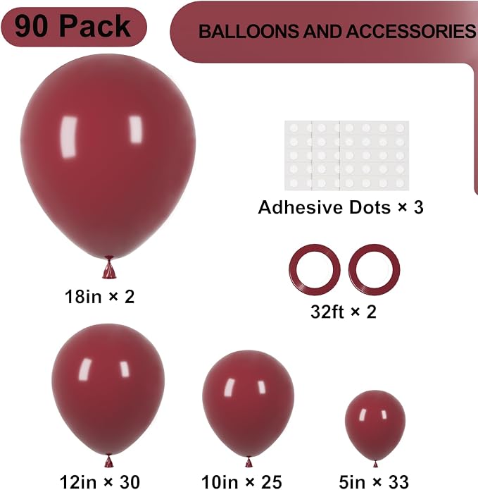 Voircoloria 90pack Burgundy Balloons Different Size 18/12/10/5 Inch Maroon Balloon Garland Arch Kit for Graduation, Thanksgiving Day, Autumn Fall Theme Party, Wedding, Birthday Decorations