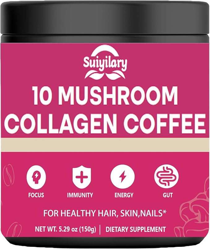 Suiyilary Mushroom Coffee with Collagen, 10 Mushroom Extract Powder Blend Lion's Mane, Brain Supplements with Instant Coffee for Energy, Focus, Skin and Immunity 150g 30 Serving