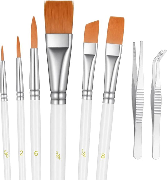 6 Pcs Cake Painting Brushes Set with 2 Pcs Straight and Curved Tweezers Food Decorating Brush for Dusting Edible Glitter and Color for Pastry, Cookie, Cakes Decoration