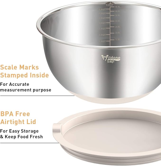 Wildone Mixing Bowls with Airtight Lids Set, 5PCS Stainless Steel Khaki Nesting Bowls for Kitchen, with Grater Attachments & Non-Slip Bottoms, Size 5, 3, 2, 1.5, 0.63 QT, Great for Mixing & Serving