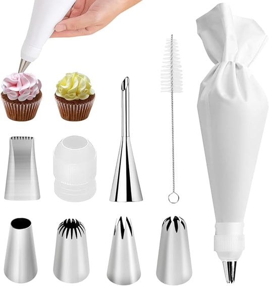 9 PCS Professional Cake Decorating Supplies Kit - Reusable Silicone Pastry Bags and Stainless Steel Icing Piping Tips Set with Couplers and Scrapers, Baking Frosting Tools for Cupcakes, Cookies