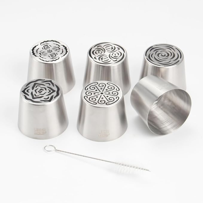 Extra Large Russian Piping Tip Set - 6 Stainless Steel Marshmallow Buttercream Framing Nozzles for 3D Roses Tulip Cake Decorations and Marshmallow Bouquets, Includes 1 Cleaning Brush(6G)