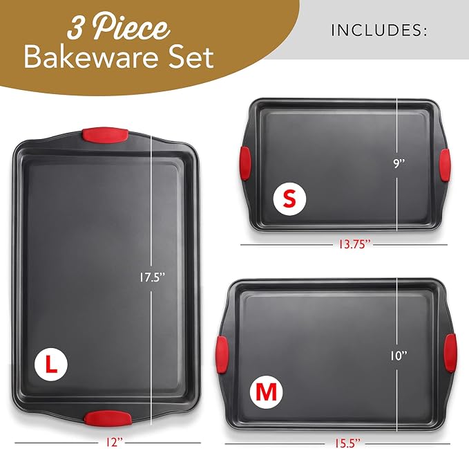 Eatex Nonstick Baking Sheet Set, 3-Piece Baking Pans Set with Silicone Handles, Carbon Steel Cookie Sheets for Baking, Commercial Grade Quality Oven Tray, Quarter/Jelly Roll/Half Sheet Pans for Baking