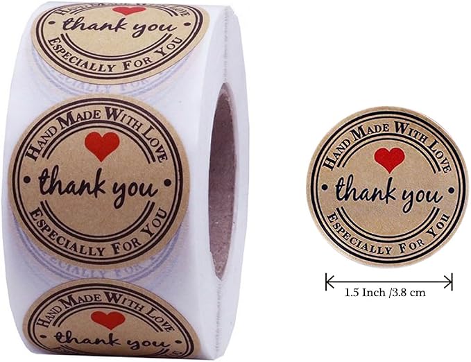 1.5 Inch Handmade with Love Stickers,500Pcs Thank You with Love Heart Sticker Baked Stickers Paper Lables Tags for Baking Packaging,Homemade Gift,Envelope Seals,Party Gift Wrap Bag (Brown01)