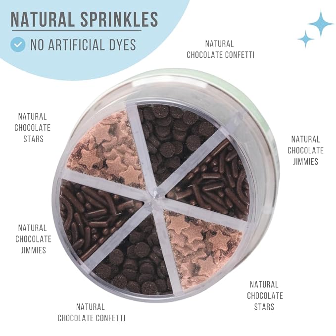 Sweets Indeed Dye Free Chocolate Sprinkles 6 Cell Jar – No Artificial Dyes Quins, Jimmies and Star Sprinkles for Baking & Decorating Cupcakes, Cookies, Cakes & Desserts – 2.75 ounces