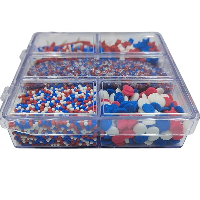 Red White and Blue Sprinkles for Baking, Edible Patriotic 4th of July Sprinkle Mix for Cake Decorating with Sparkling Sugar, Jimmies, Stars, Nonpareils, Confetti, Ice Cream Cupcake Toppings Supplies