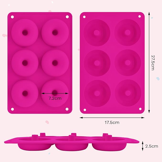 2er Pack Silicone Donut Mold - Non-Stick Silicone Doughnut Pan DIY Chocolate Baking Cookie Molds, Heat Resistant, Make Donut Cake Biscuit Bagels, BPA Free Dishwasher Safe (rose red, 6 Cavities)
