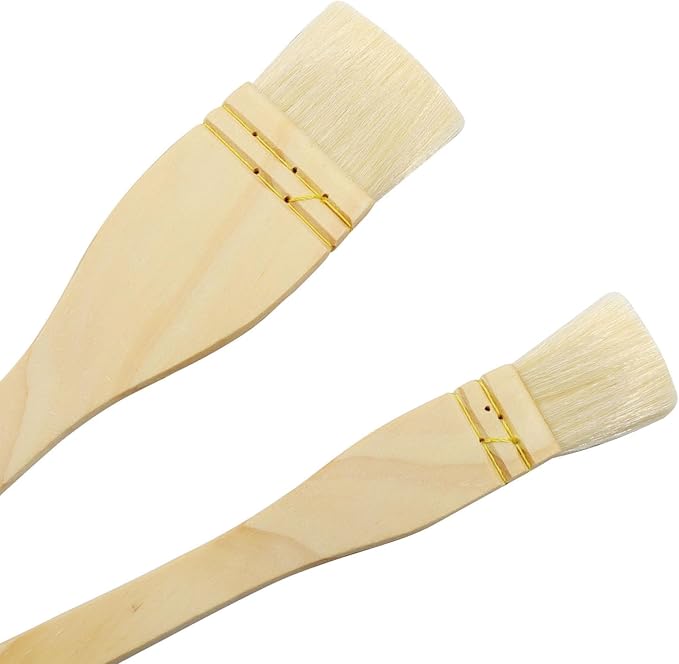 2Pcs Flat Hake Brushes, Sheep Hair Bristles, Paint Brush Set for Watercolor, Wash, Pottery Painting - Baking Pastry Brush & BBQ Grill Brush for Kitchen (1 Inch, 2 Inch)