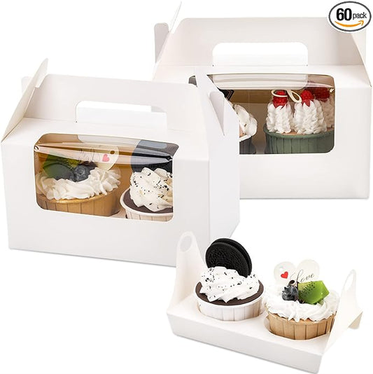 Jucoan 60 Pack 2 Count White Paper Cupcake Boxes with Insert, Handle and Window, Portable Cupcake Muffin Containers, Gable Bakery Gift Boxes Party Favor Treat Boxes for Wedding Birthday Father's Day