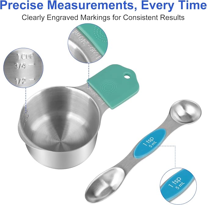 Magnetic Measuring Cups & Spoons Set, Patented, Strong N45 Magnets, Heavy Duty Stainless Steel Fits in Spice Jars for Baking & Cooking, Round Set of 15 with Leveler Colorful