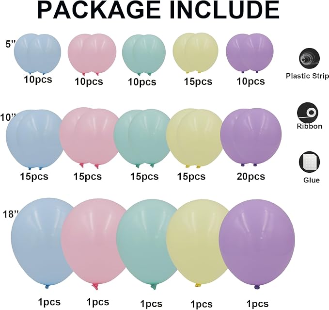 Pastel Rainbow Balloon Arch Garland Kit - 140pcs Different Sizes of Pastel Blue Yellow Purple Pink Balloons for Wedding Spring Macaron Easter Donut Ice Cream Birthday Party Decorations