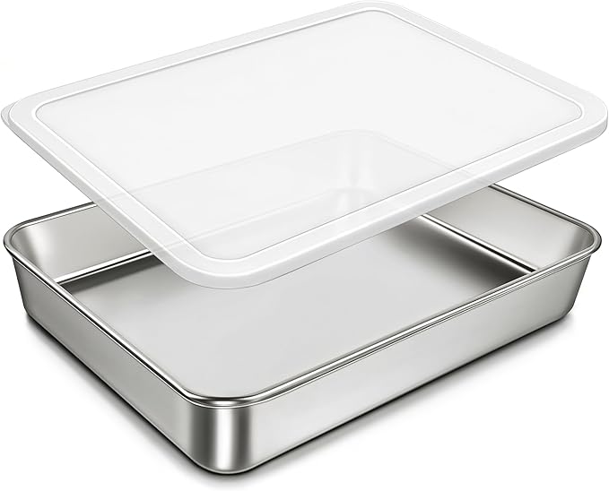 304 Stainless Steel Baking Pan with Lid, 12⅓ x 9¾ x 2 Inch Rectangle Sheet Cake Pans with Covers, Commercial Grade Bakeware for Cakes Brownies Casseroles, Non-toxic & Heavy Duty & Dishwasher Safe