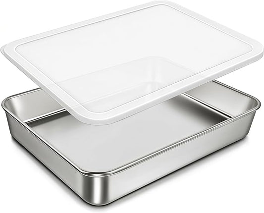 304 Stainless Steel Baking Pan with Lid, 12⅓ x 9¾ x 2 Inch Rectangle Sheet Cake Pans with Covers, Commercial Grade Bakeware for Cakes Brownies Casseroles, Non-toxic & Heavy Duty & Dishwasher Safe