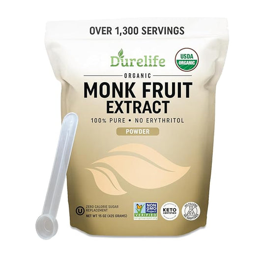 DureLife Organic 100% Pure Monk Fruit Sweetener, No Erythritol, 15 Oz | Zero Calorie Sugar Substitute, No Fillers, Keto Certified, OU Kosher, USDA Organic, Non-GMO Project Verified