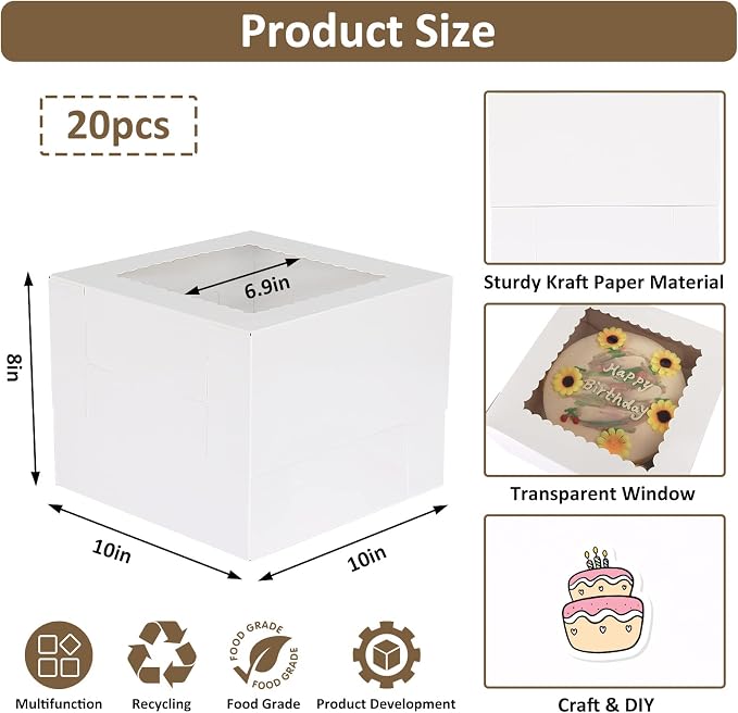 Moretoes 20pcs Cake Boxes, 10x10x8 Inches Tall Cake Box with Window, White Bakery Box, Large Baking Boxes with Window for Valentine's Day, Mother's Day, Pastries, Pies, Desserts