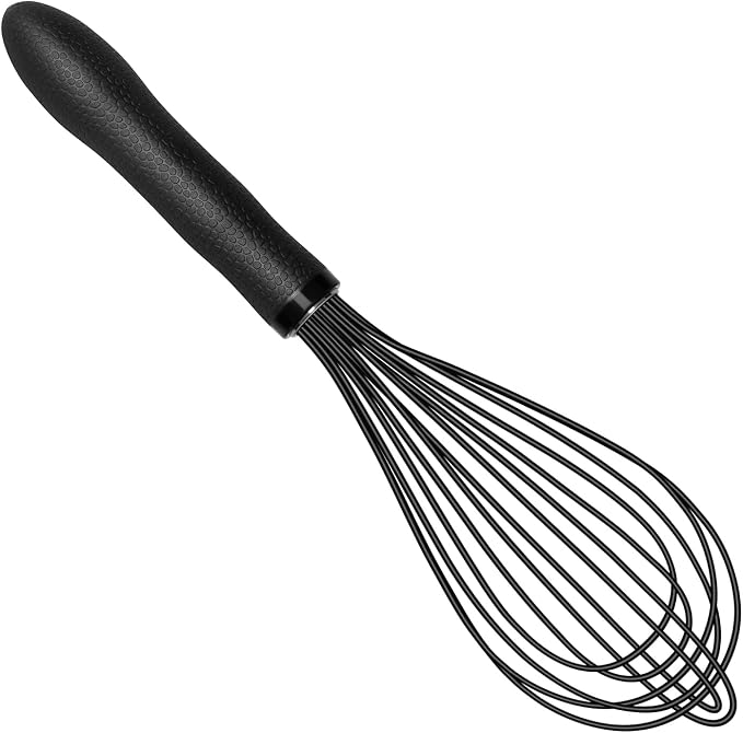 TEEVEA Silicone Whisk 11 Inch, Nonstick Heat Resistant for Cooking Baking | Black, food grade, dishwasher safe, stainless steel core, non-scratch, balloon shape, handheld, kitchen egg & batter mixing
