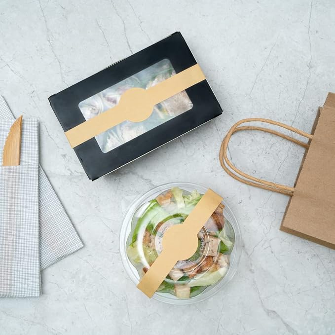 Restaurantware RW Base 12 x 1.5 Inch Packaging Bands 100 Self-Adhering Belly Bands - Disposable Strong Kraft Paper Label Stickers For Packaging Supplies Keeps Take Out Containers Sealed