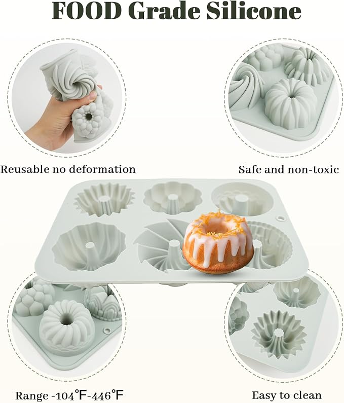 2Pcs Mini Cake Pans for Baking, 6-Cavity Fluted Tube Cake Pan Non-Stick, Silicone Molds for Baking, Cake Pan for Cupcakes, Donuts, Cornbread, Brownies, Jellies