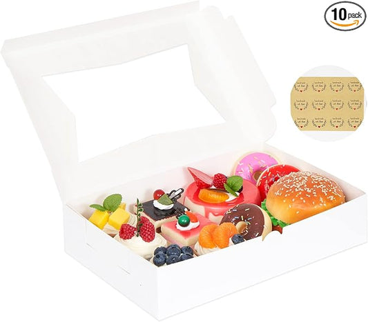 Yeplan 10-Pack Bakery Boxes with Window, 12x8x2.5 Inch Cookie Boxes, White Treat Boxes for Donuts, Muffins, Pies, Chocolates - Dessert Packaging for Baked Goods