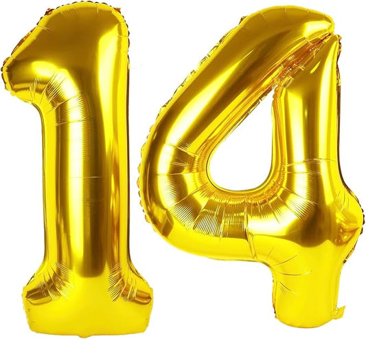 Gold Number 14 Balloon 40 inch, 14 Number Balloons, 14th Gold Birthday Decorations, 14 Year Old Girls Boys Golden Party Supplies
