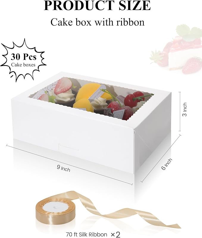 COTOPHER 30Pcs Cookie Boxes with Ribbons, 9x6x3 Inch Bakery Boxes with Window, White Treat Containers for Pastries, Chocolate Covered Strawberries, Dessert, Easter Candy, Muffins, Donuts