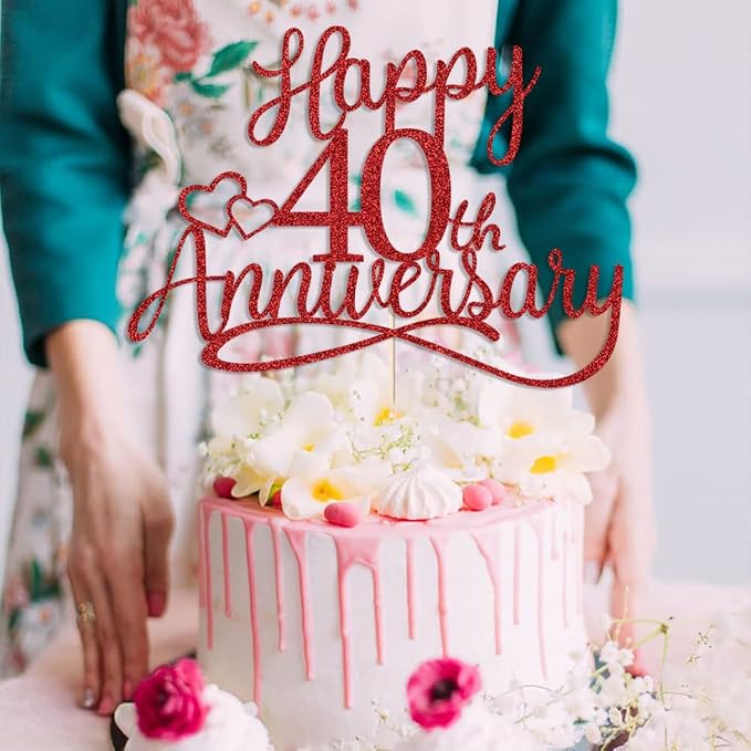 Sleyberoy red Glitter Happy 40th Anniversary Cake Toppers -Wedding Anniversary Party Decorations, 40th Wedding Anniversary, Company Anniversary Party, Birthday Party Decorations