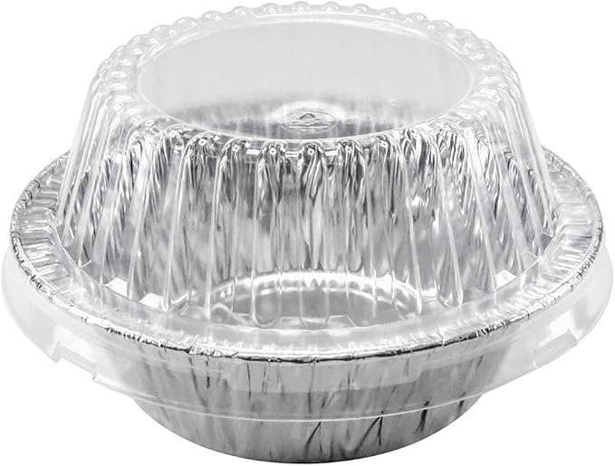 Durable Packaging Disposable 5 3/4" Aluminum Foil Extra Deep Meat Pot Pie Pan with Clear Snap on Lid - Round Oven Safe Baking Tins (Pack of 25)