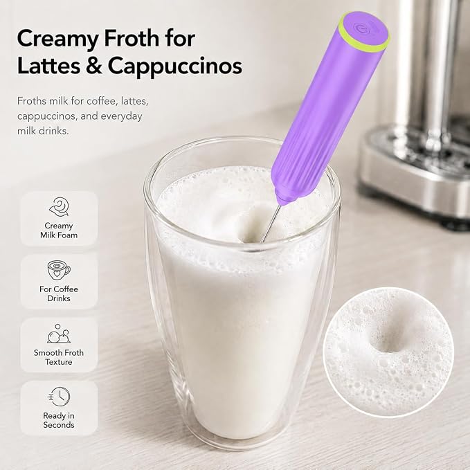 Milk Frother Handheld with 3 Stainless Steel Whisks, Rechargeable Electric Drink Mixer with Stand & Travel Case, Milk Foamer for Coffee, Latte, Cappuccino, Hot Chocolate, Egg,Jam Supplement-Purple