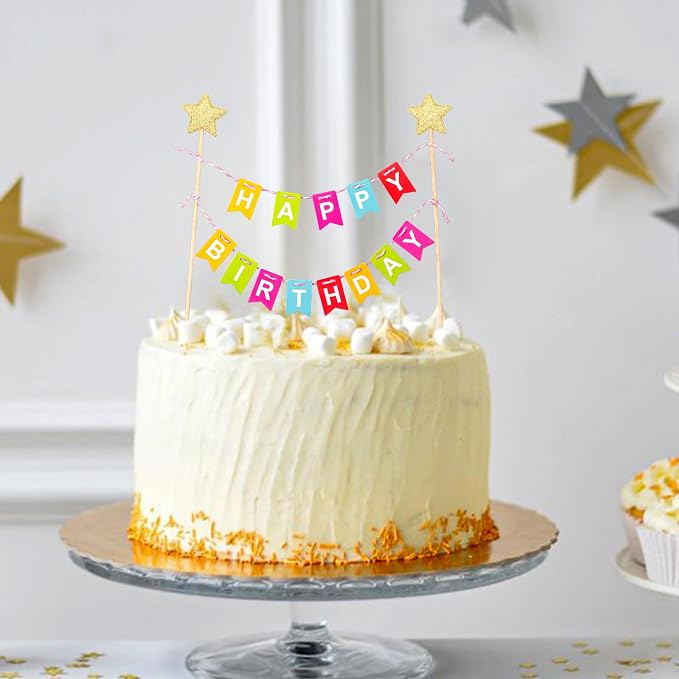 1 Set Mini Rainbow Cake Topper, Happy Birthday Cake Flag Banner, Golden Star Cake Topper, Colorful Rainbow Cake Decoration for Boys Girls Birthday Baby Shower Party Baking Decoration Supplies, Style 2