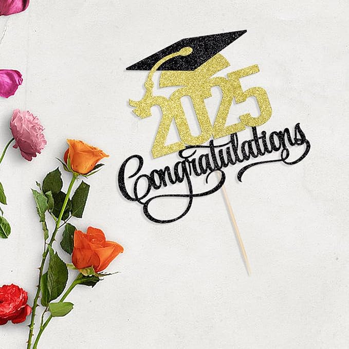 Black Gold Glitter 2025 Congratulations Graduation Cake Topper,Congrats Grad Cake Decor - 2025 High School/College/Senior Graduation Party Decorations Supplies