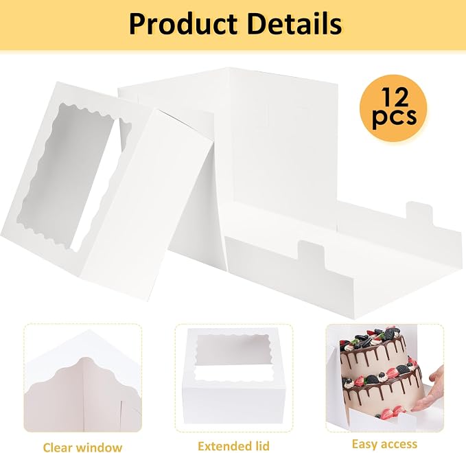 Moretoes 12 Pack Cake Boxes, 12x12x12 Inch Cake Box with Window for Tier Cakes, Sturdy Tall Cake Carrier with Lids, Disposable Containers for Valentine's Day, Mother's Day, Wedding, Birthday, Party