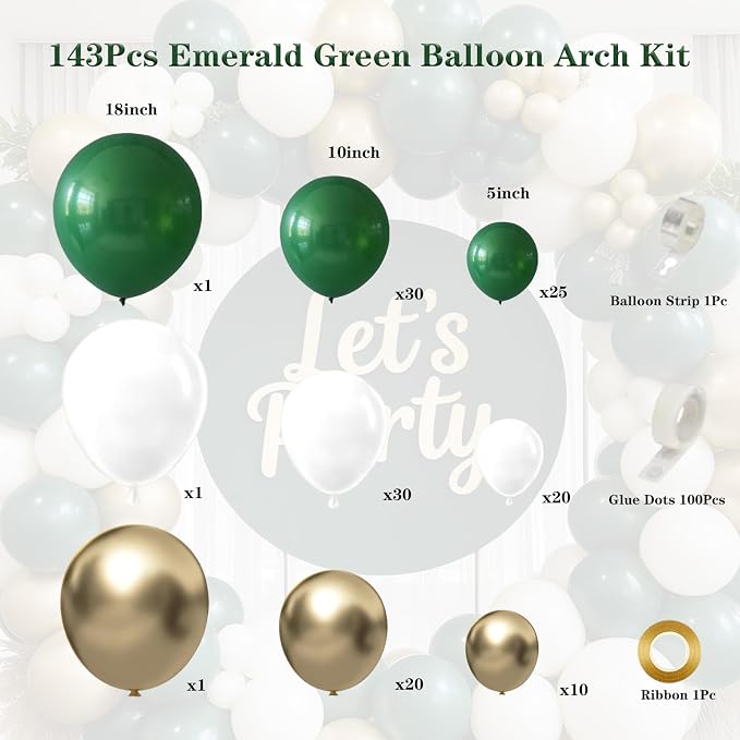 143pcs Emerald Green White Gold Balloon Garland Arch Kit Dark Green White Gold Balloons for Jungle Safari Wedding Graduation Birthday Party Decorations
