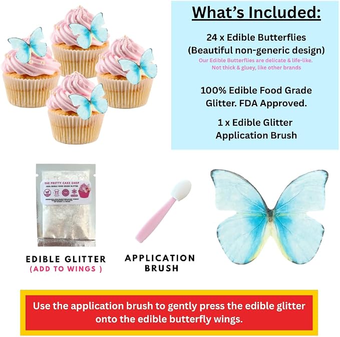 Edible Butterflies with Edible Glitter Kit - Wafer Paper Butterflies for Cakes - Cake Decorations - Cupcake Decorations - Cake Toppers (Paradise Blue)