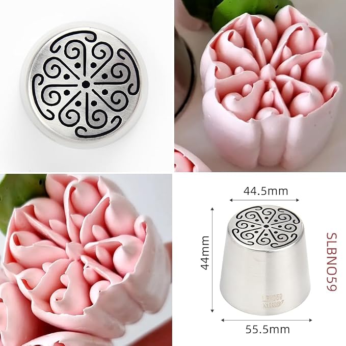 6 Pcs Stainless Steel Extra Large Russian Tulip Icing Tips Kit, Frosting Flower Piping Tips, 6 Russian Icing Tips,2 Cake Decorating Nozzles,1 Cleaning Brush,10 Disposable Pastry Bags for Baking