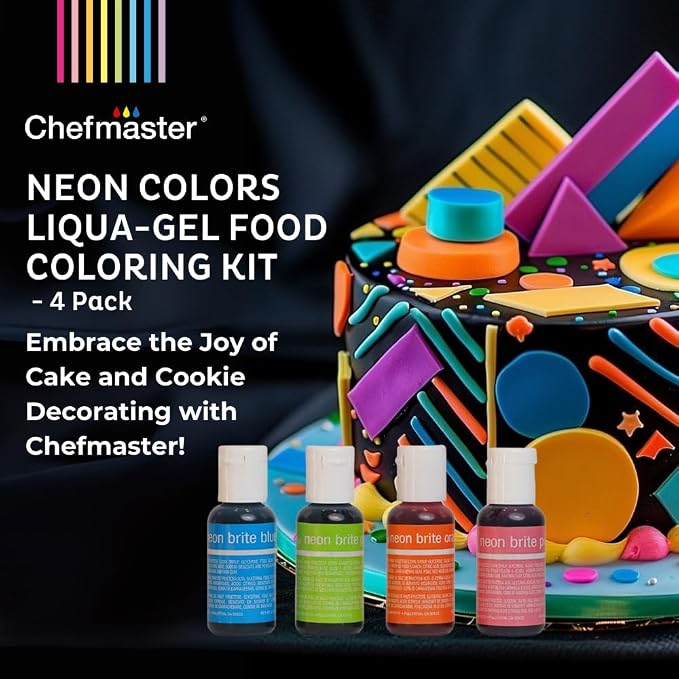 Chefmaster 4-Bottle Set of Neon Food Coloring, Liqua-Gel® Vibrant Colors, Professional-Grade Dye for Easter Eggs, Icing, Frosting, Fondant, & Batters, Fade-Resistant, Made in USA, 0.67 oz