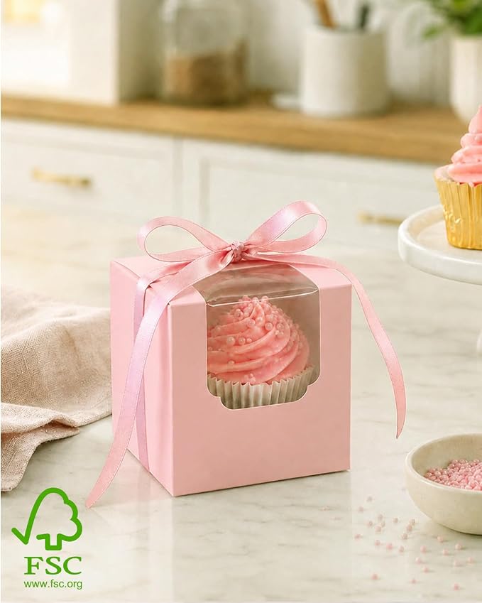 Bakepacker Auto-pop up Cupcake Boxes 100-Packs Individual Cupcake Container Pink 3.5" x 3.5" x 3.5" Single Cupcake Boxes