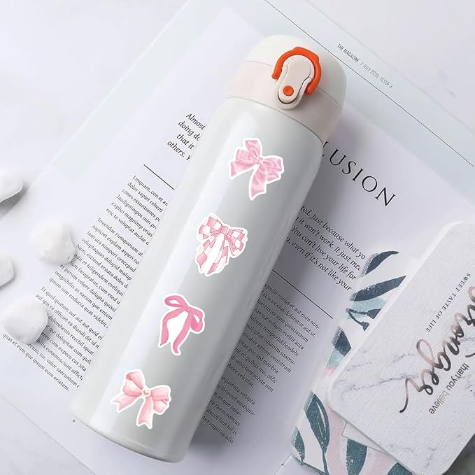 100 Pcs Coquette Bows Stickers Cute Aesthetic Pink Bow Sticker for Adults Women Pink Bows Vinyl Waterproof Stickes for Water Bottles Laptops Phone Luggage Guitar