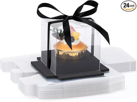 EUSOAR Transparent Cupcake Containers, 24pcs 3.5 Inch Plastic Black Cupcake Carrier Storage for Cake Dessert, Individual Cupcake Wrappers Cupcake Holder with Lids for Wedding Birthday Party Favor
