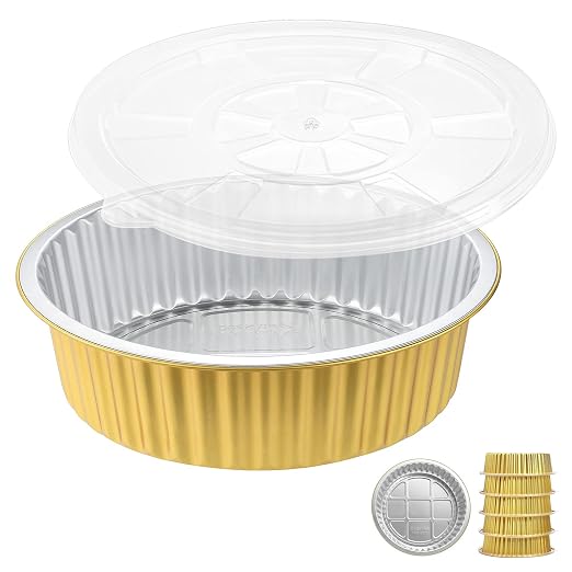 84oz Deep Round Aluminum Foil Pans with Lids, 5 Pack | 10 Inch Round, 2.7 Inch Deep, Heavy Duty Foil, Ideal for Baking, Meal Prep and Food Storage