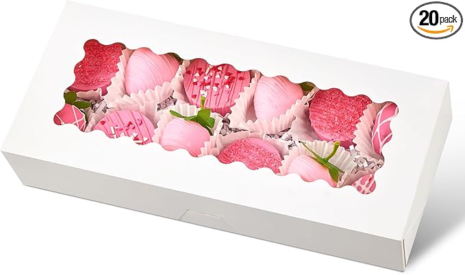 Ocmoiy 20 Pack Cookie Boxes, 12x5.5x2.5 Inch Bakery Boxes with Window, Auto-Popup Treat Box for Chocolate Covered Strawberries, Hot Cocoa Bombs, Pastries, Donuts, Muffins