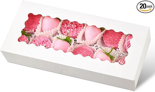 Ocmoiy 20 Pack Cookie Boxes, 12x5.5x2.5 Inch Bakery Boxes with Window, Auto-Popup Treat Box for Chocolate Covered Strawberries, Hot Cocoa Bombs, Pastries, Donuts, Muffins
