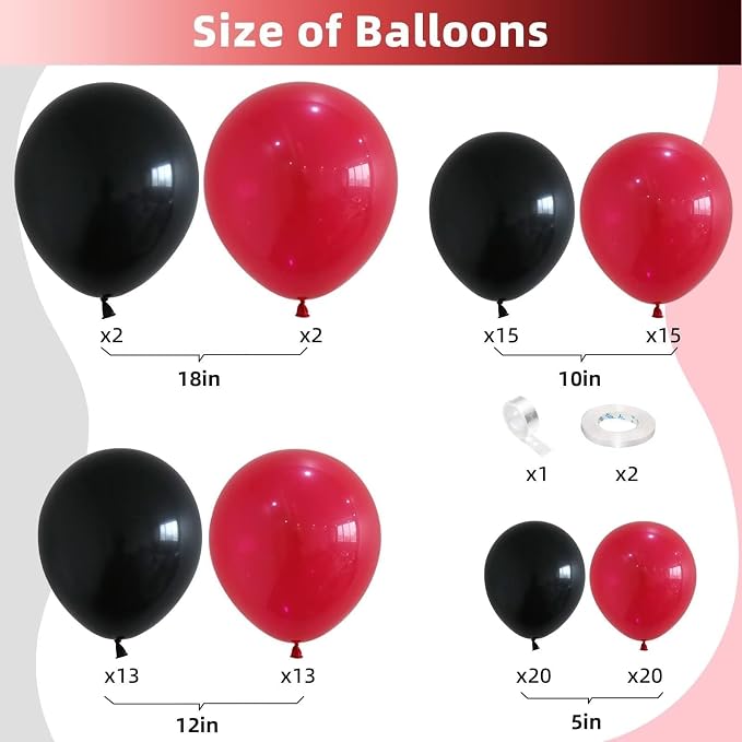 Red and Black Balloon Arch Kit, Black and Red Balloon Garland Kit, Red Black Latex Balloons Different Sizes 18/12/10/5 inch for Wedding Bridal Shower Birthday Bachelorette Graduation Party Decorations