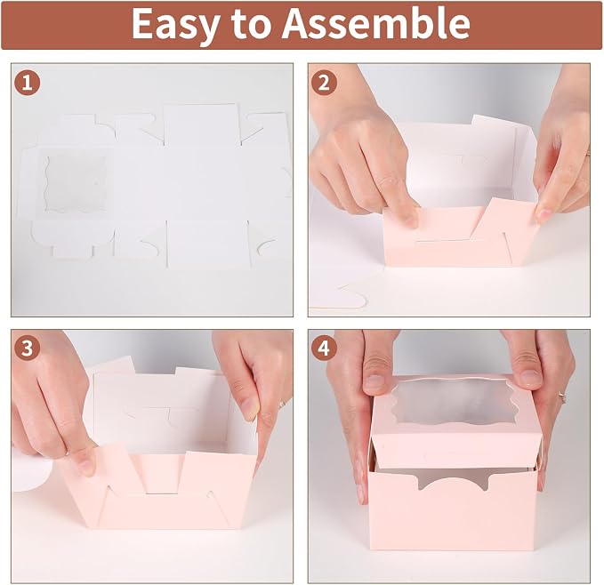 60pcs Pink Small Cake Box,4x4x2.5 Inch Bakery Boxes with Window,gift boxes bulk for Mini Cake Pastry Dessert Strawberries Chocolates Cupcakes with Stickers