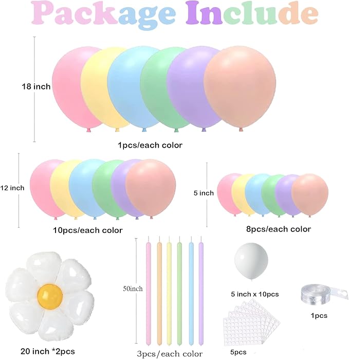 Pastel Balloon Arch Kit - 144pcs Pastel & Rainbow Balloons With Daisy Designs - Macaron Easter Arch Kit for Baby Shower, Birthday & Party Decorations