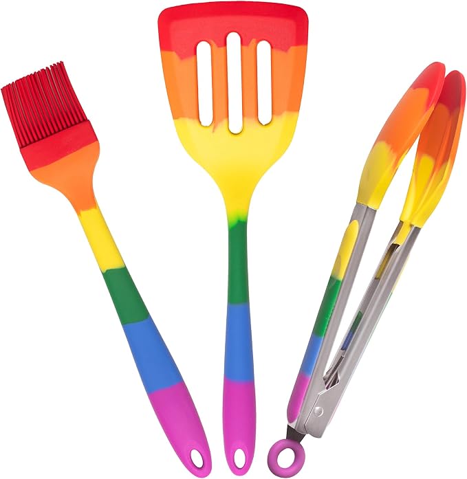 Cooking With Pride Silicone Tools, Non-Stick and Heat-Safe, Includes Slotted Turner, Pastry Brush, and Tongs